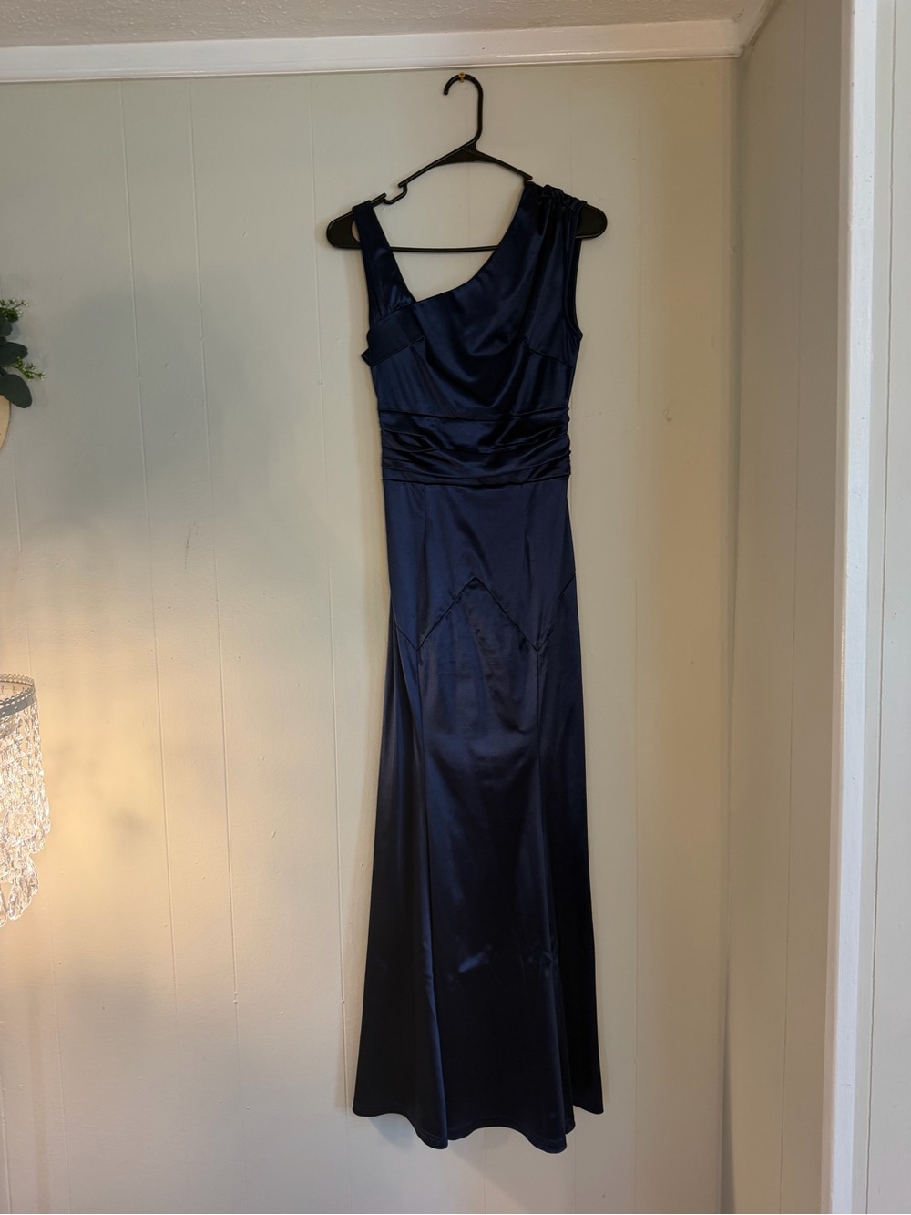 Satin Navy One-Shoulder Maxi Dress